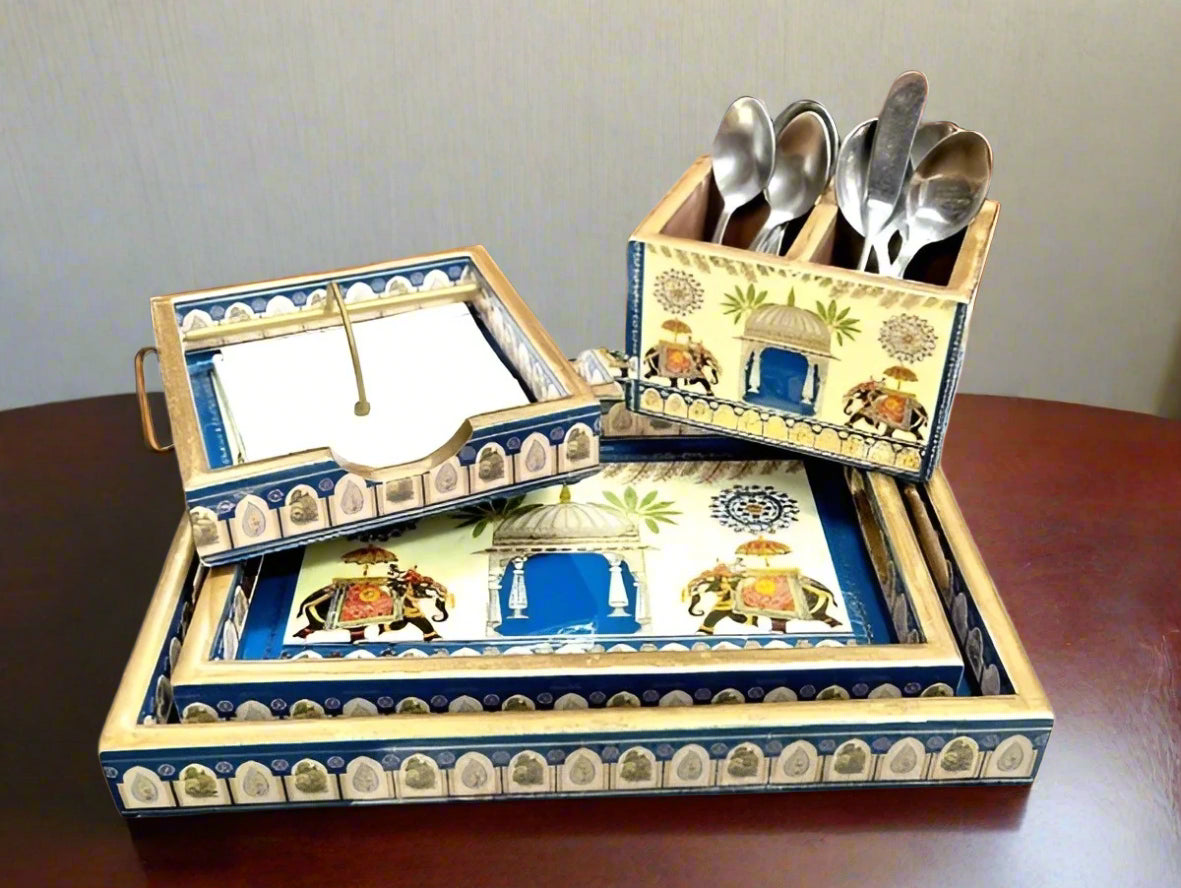 wooden elephant Set includes resin finish trays, cutlery holder & tissue holder full combo for home/ office/gift item